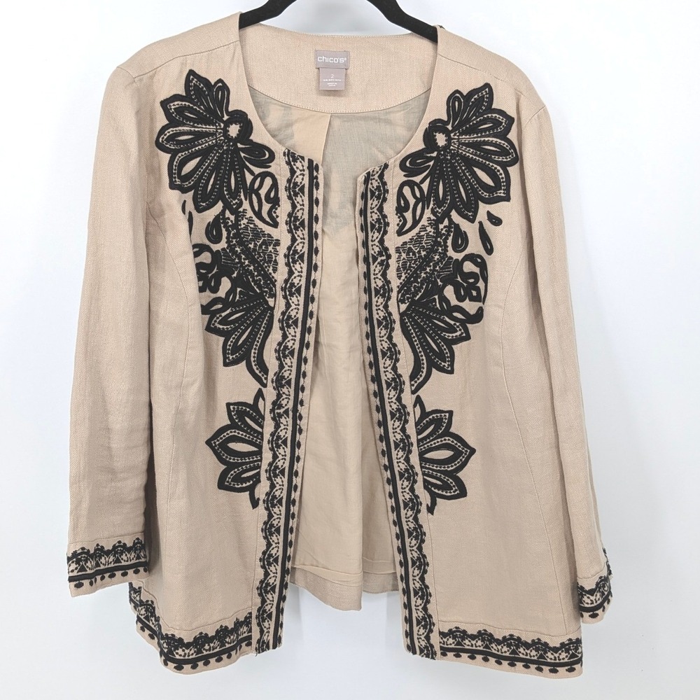 Chicos Linen Embroidered Jacket Womens Large Tan Black Open Front Boho Office